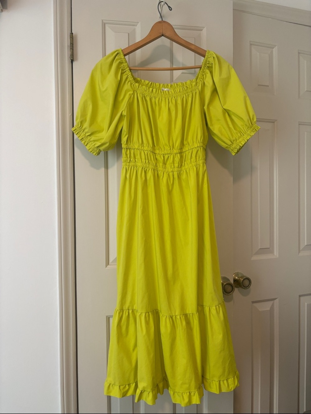 Yellow Puff-Sleeve Midi Dress - Smocked Waist